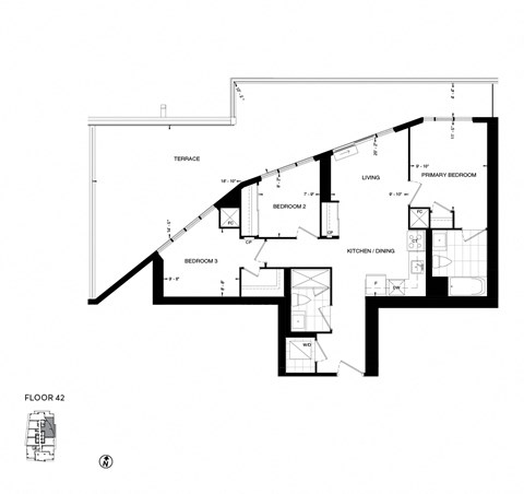 Floor plan for 3 beds, 2 baths, 910 sqft